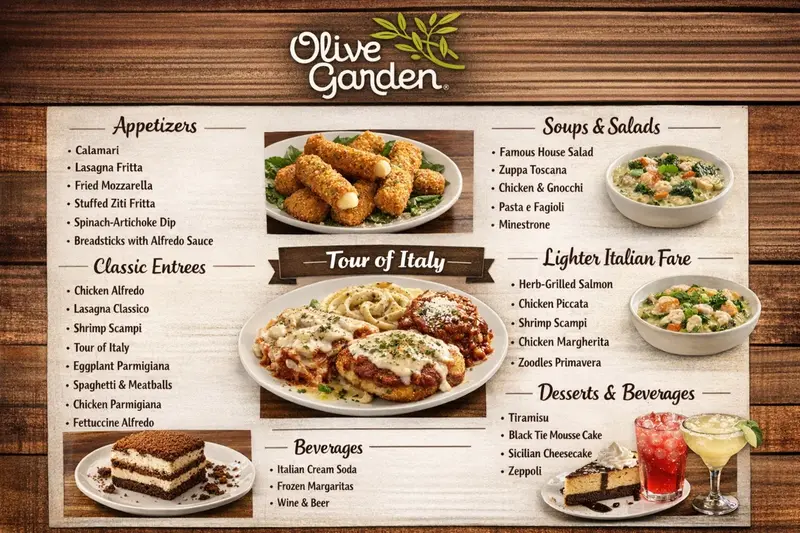 Olive Garden full menu display featuring the 'Tour of Italy' platter as the centerpiece, surrounded by lists of classic entrees like Chicken Alfredo, appetizers like Fried Mozzarella, lighter Italian fare, and desserts like Tiramisu and Black Tie Mousse Cake.